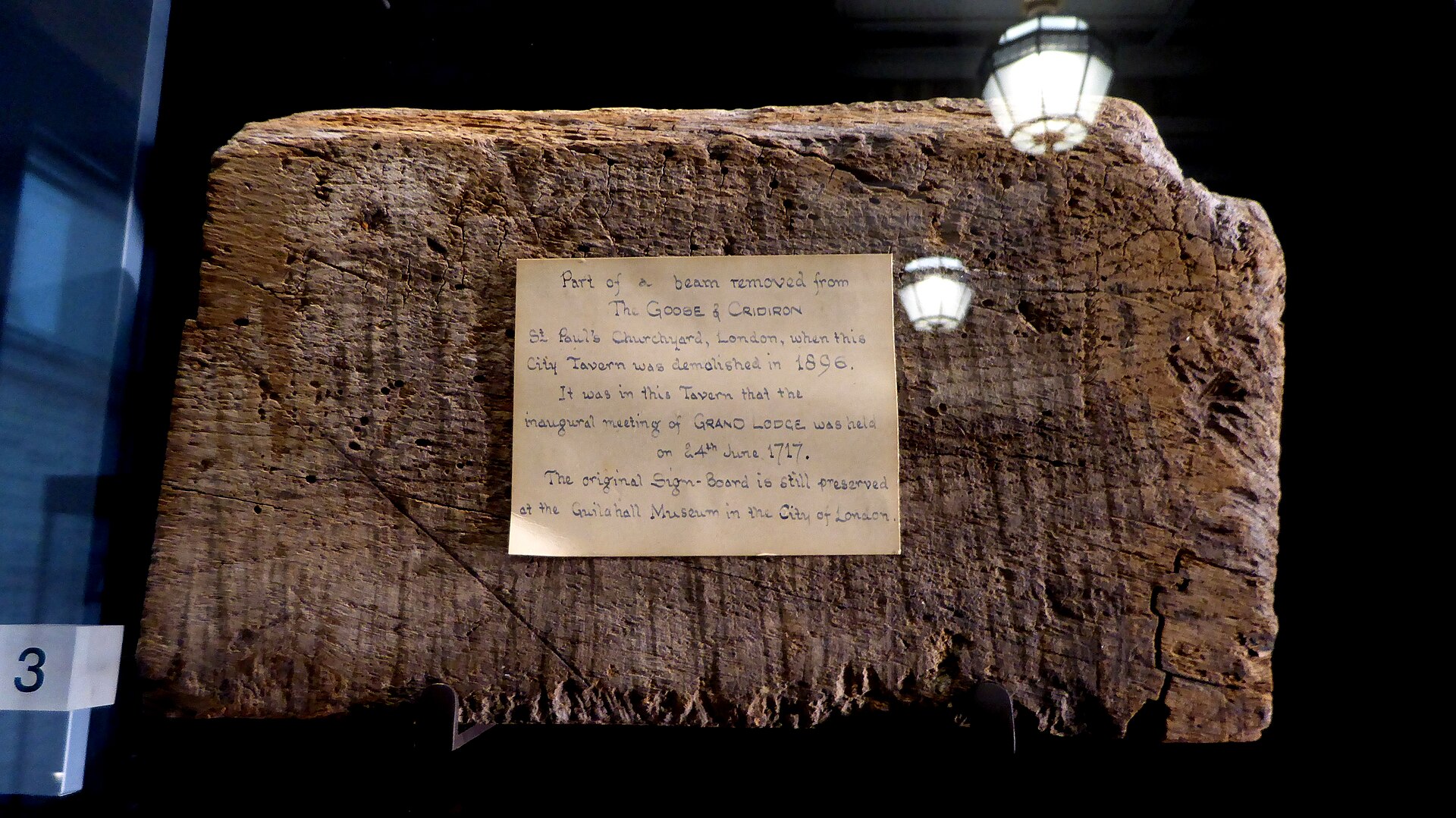 A portion of a timber beam salvaged from the Goose and Gridiron tavern
