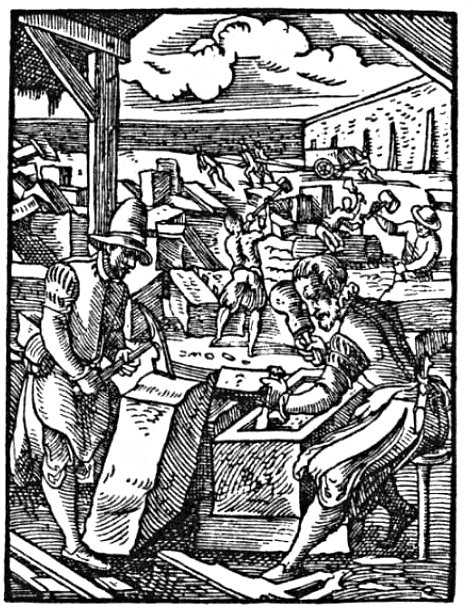 Woodcut of a stonemason dressing a block, 1568