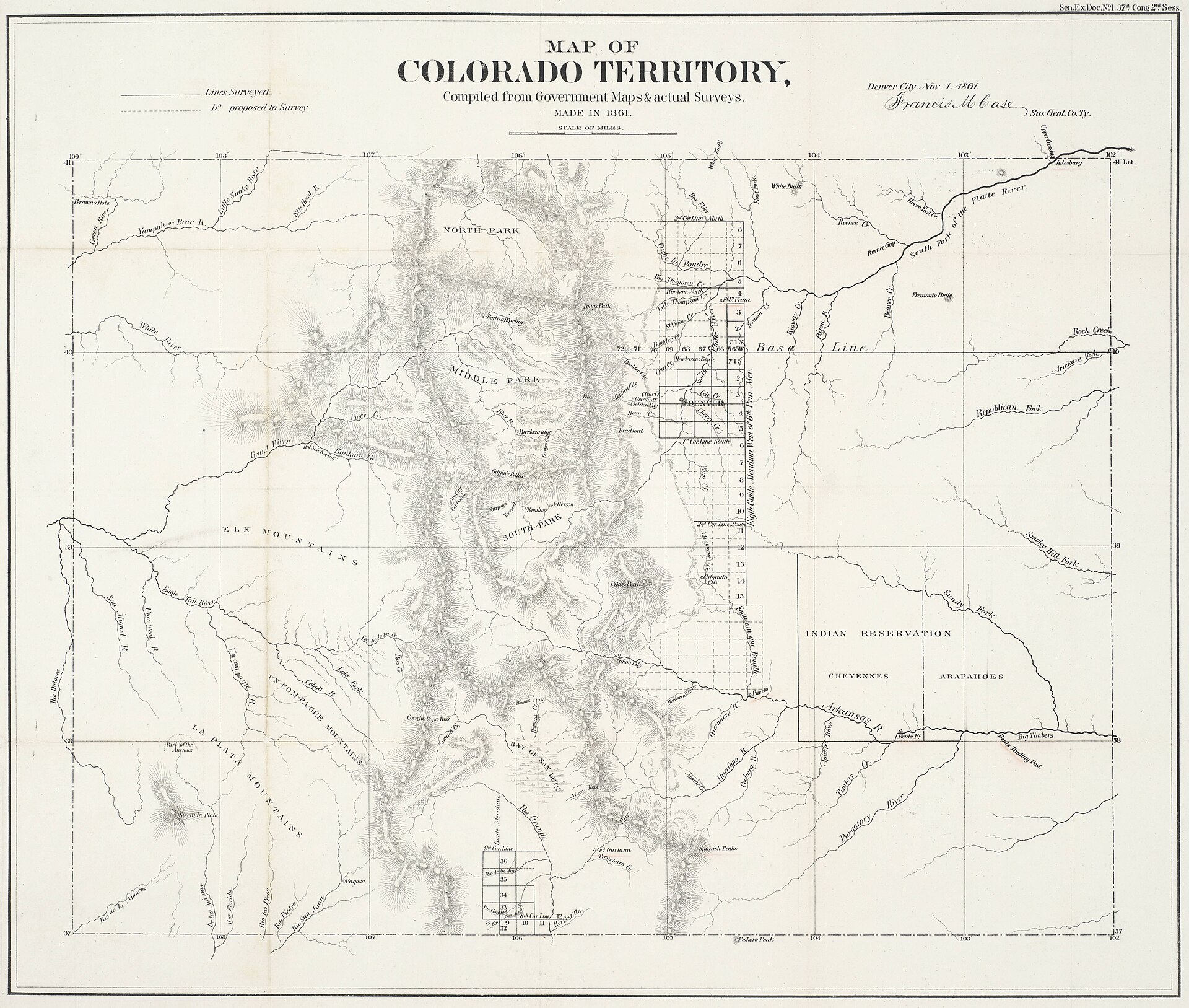 Francis M. Case's 1861 survey map of Colorado Territory