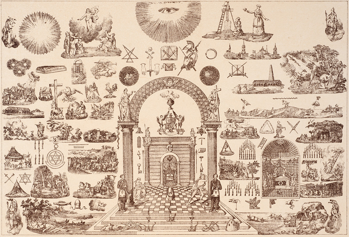A 19th-century engraving of a Masonic tracing board displaying the principal symbols of the Craft